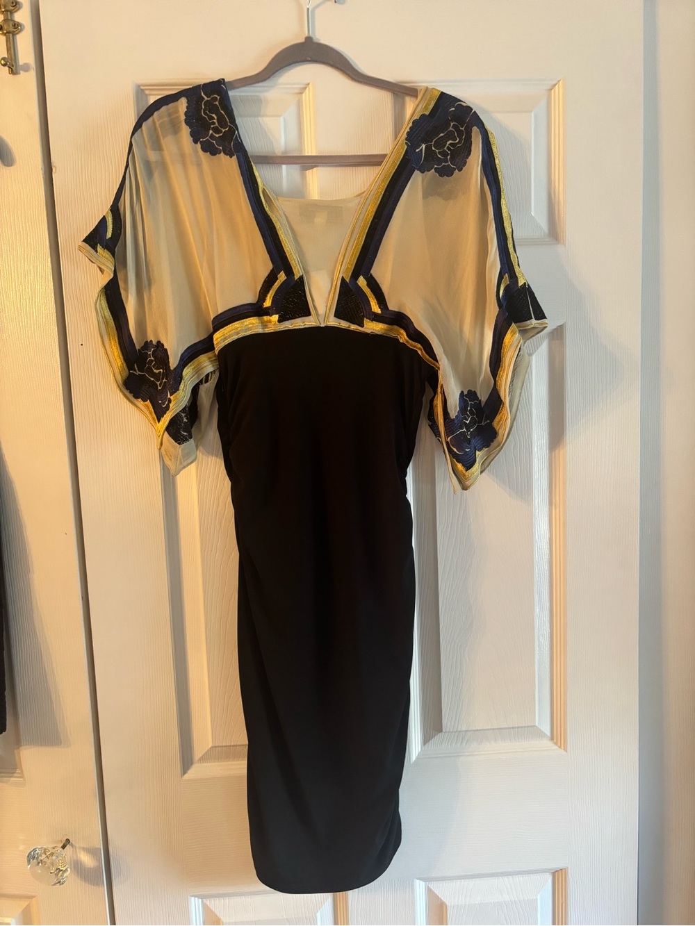 Black Midi Dress with Sheer Embroidered Cape Sleeves